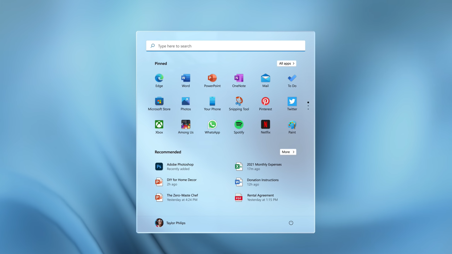 Tampilan menu start dalam pengenalan Windows 11. (Dok. Windows/Microsoft)