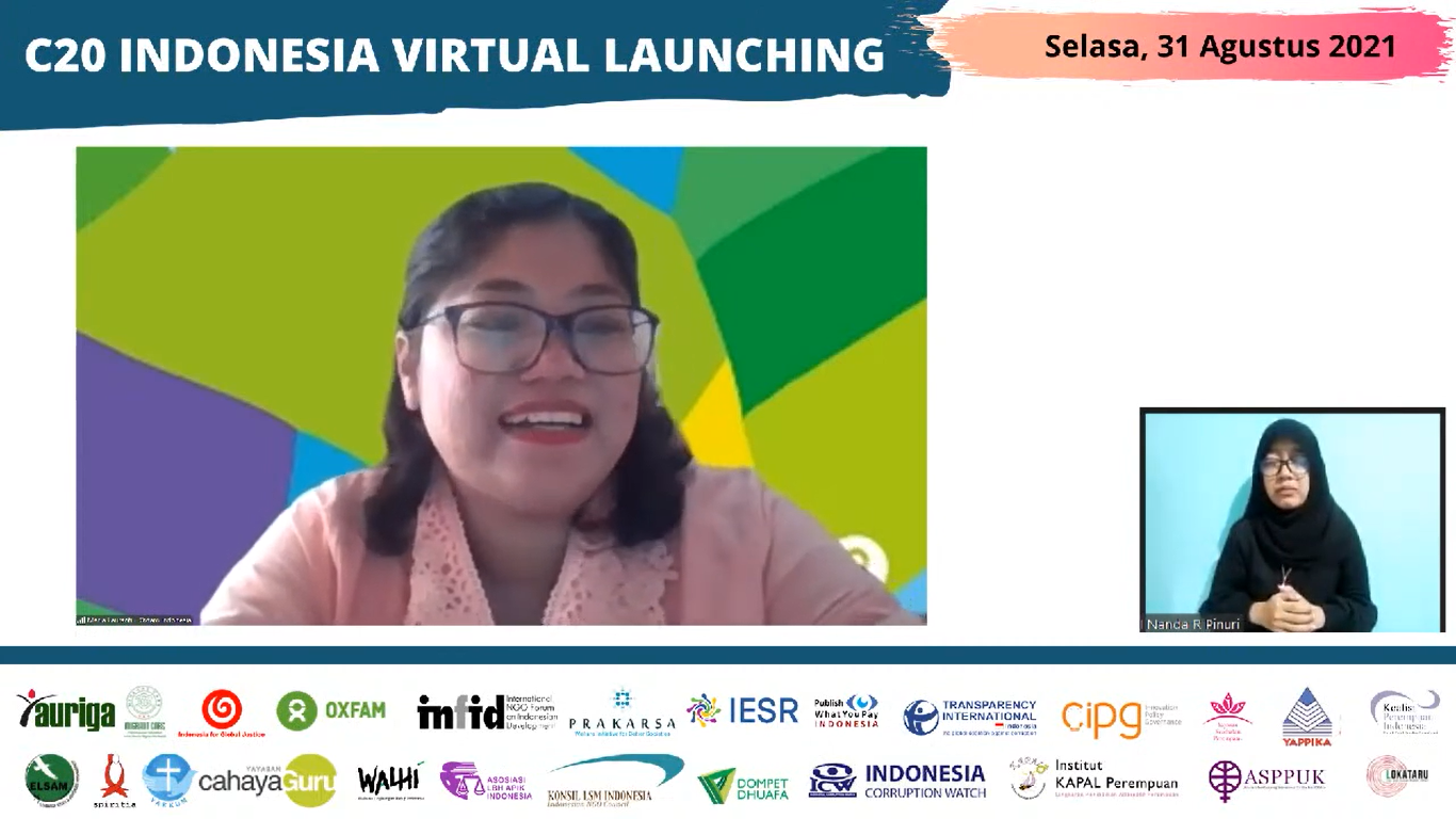 Laura menyampaikan tiga prioritas dari working group yang membahas isu akses vaksin dan kesehatan global. (Dok. Tangkapan Layar Youtube INFID TV)