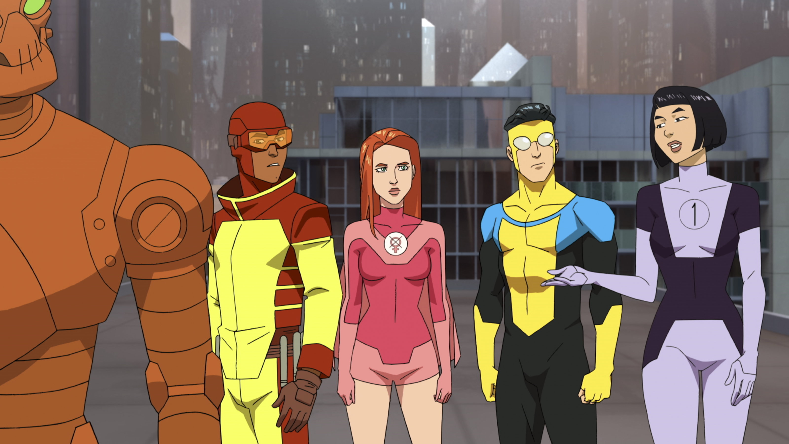 Team T dan Mark Grayson (Steven Yeun), disebut juga dengan Invincible (Sumber: Wind Sun Sky Entertainment)