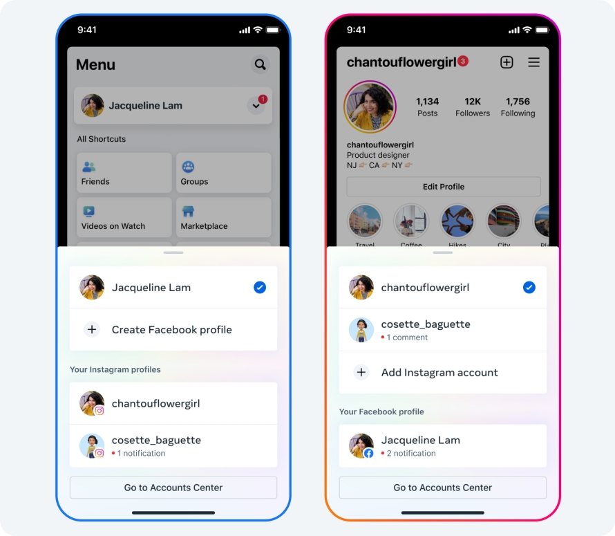 Tampilan Account Center dalam fitur Switch di Meta. (Sumber gambar: Meta)
