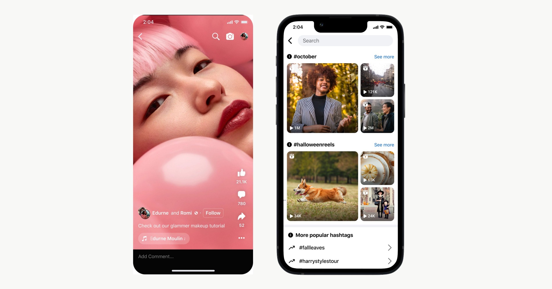 Tampilan Facebook Reels Collabs dan Explore. (Sumber gambar: Meta)