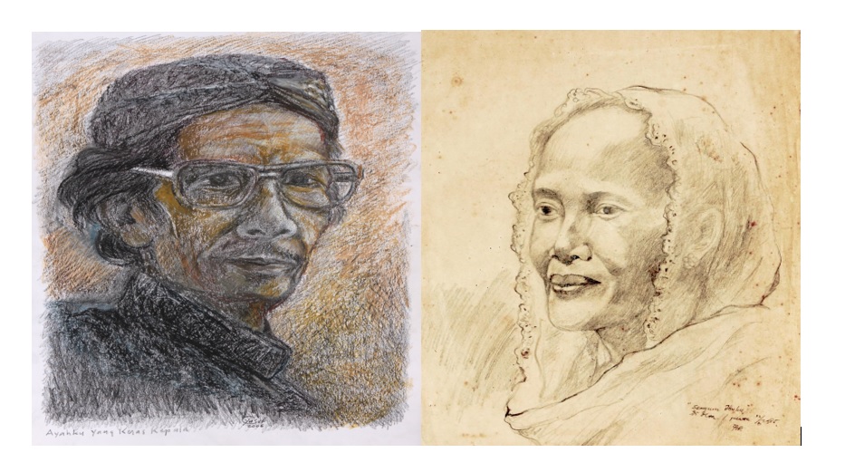 Karya YSH Senyum Ibuku (1985) dan sektsa Ayahku yang Keras Kepala (2006). Sumber gambar (dokumentasi pribadi seniman)