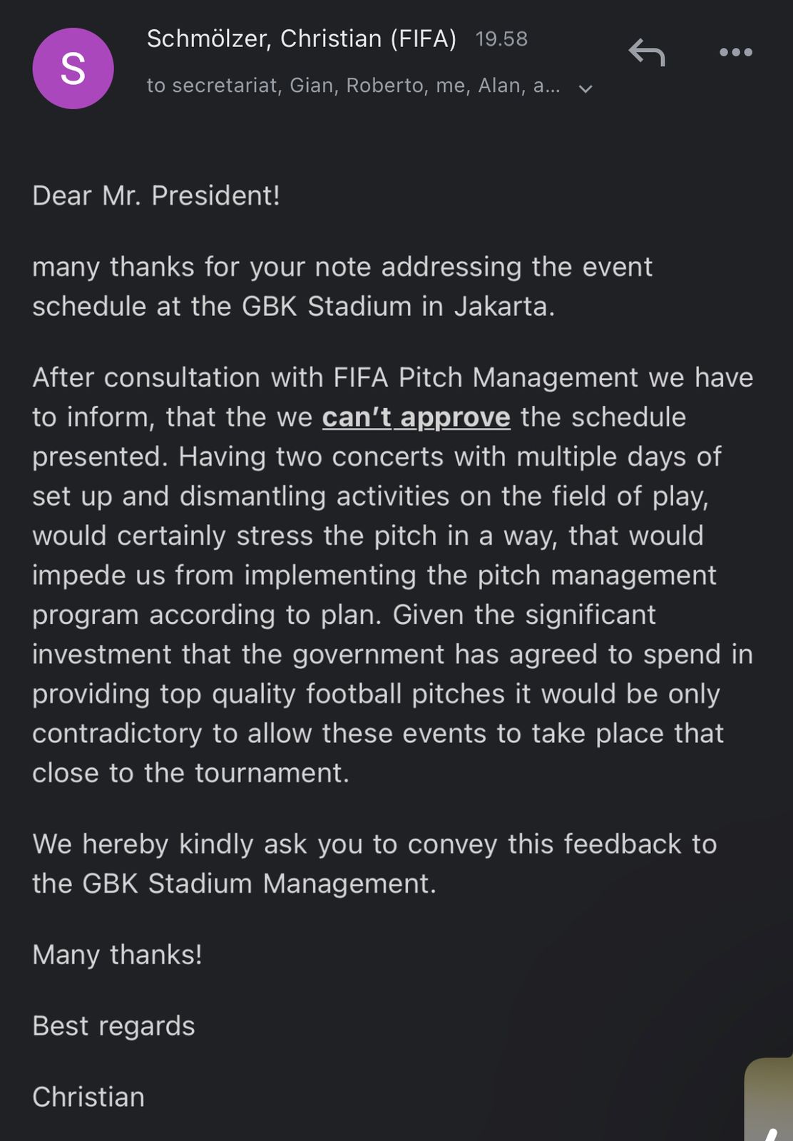 Surat resmi dari FIFA. (Sumber gambar : PSSI)