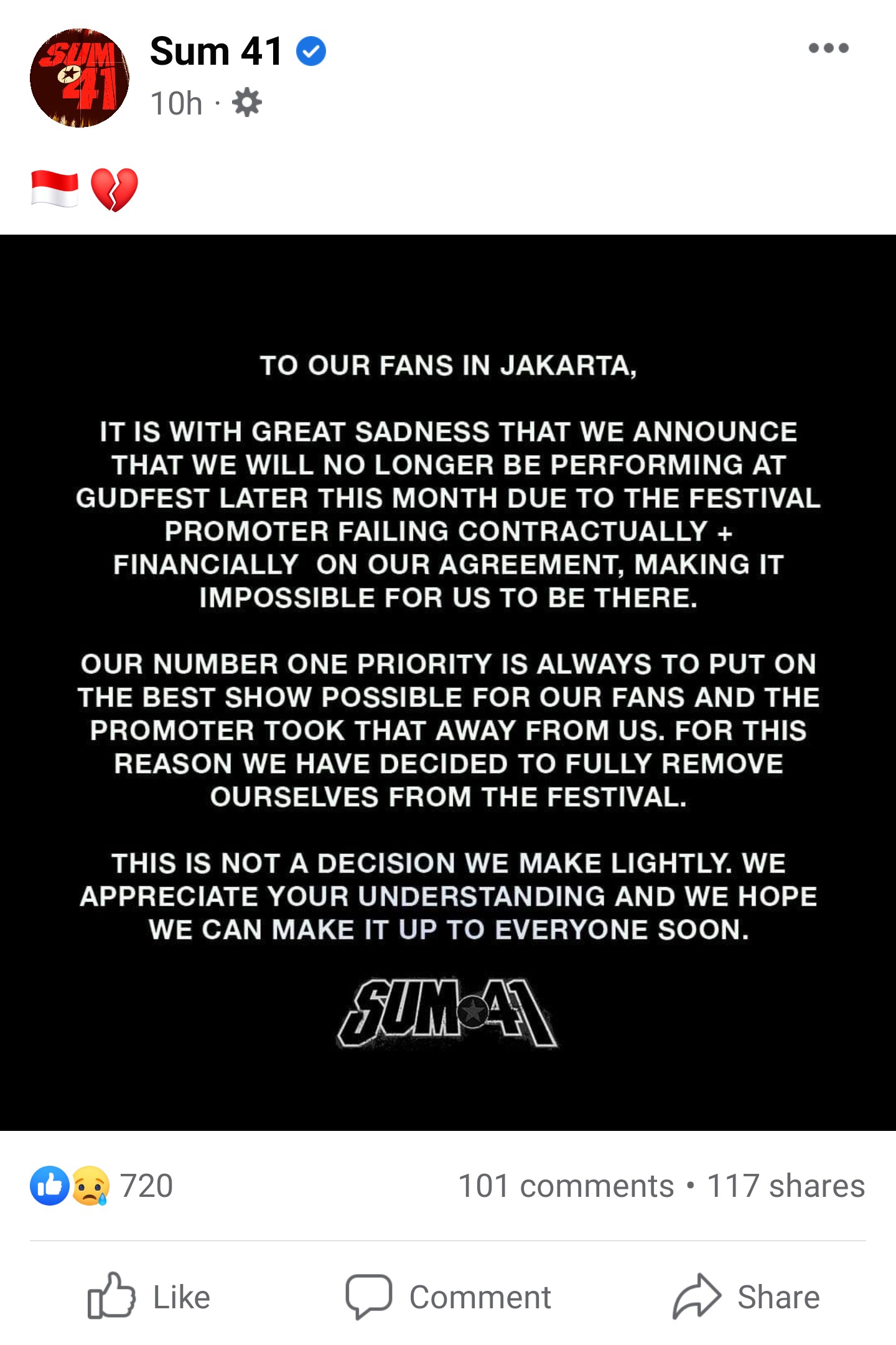 Klarifikasi dari SUM41. (Sumber foto: Tangkapan layar Instagram SUM 41)