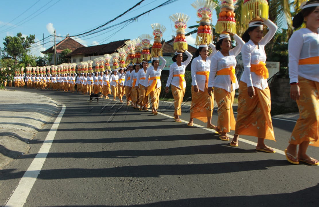Mepeed adalah sebuah upacara dengan peserta para perempuan Bali yang mengusung Gebogan. Gebogan adalah rangkaian buah dan aneka jajanan tradisional yang dihiasi dengan janur setinggi kurang lebih 1 meter. Gebogan ini dibawa dengan cara berjalan kaki dari Banjar menuju ke Pura Kahyangan Desa.
