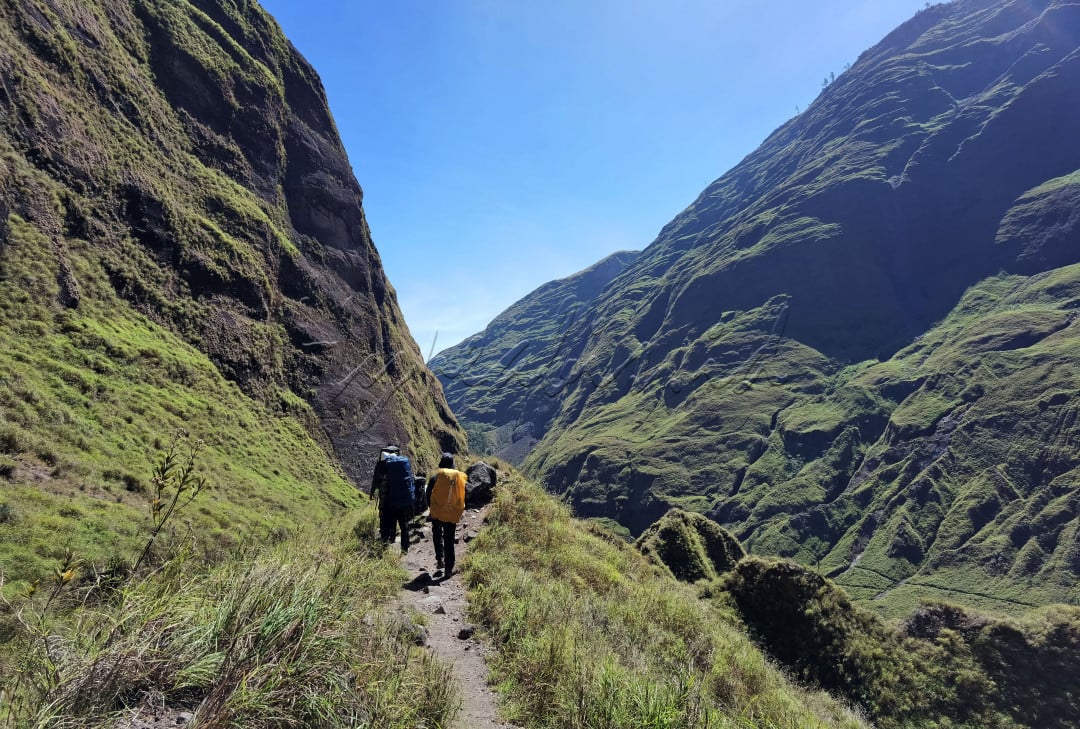 Para pendaki melintas jalur Torean gunung Rinjani, Jalur Torean merupakan Jalur pendakian resmi gunung rinjani yang sudah dibuka saat ini, jalur ini banyak dipilih oleh para pendaki selain jalur Sembalun, Jalur Torean menyuguhkan pemandangan perbukitan dan lembah yang indah dan juga terdapat beberapa air terjun yang tak kalah indah, juga banyak dijumpai sumber mata air di sepanjang jalur pendakian dan hutan hujan tropis yang lebat yang masih asri . (Rabu 13 October 2021)